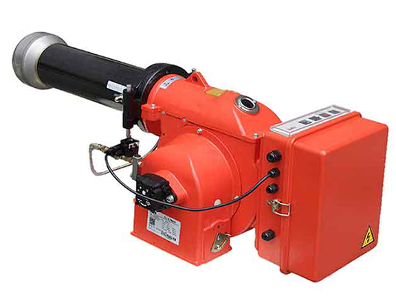 ndustrial oil burner with orange housing and control box