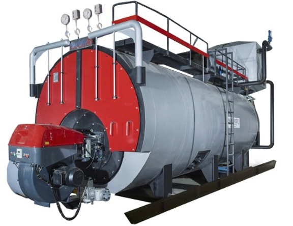 Large horizontal industrial steam boiler with red and black burner