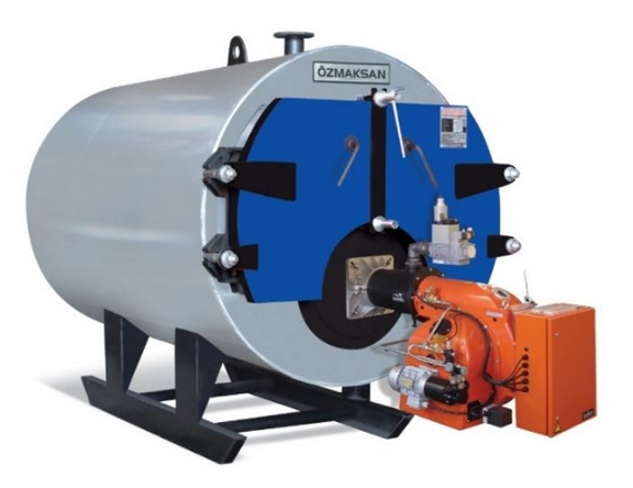 Modern hot water and steam boiler with blue front panel and orange burner
